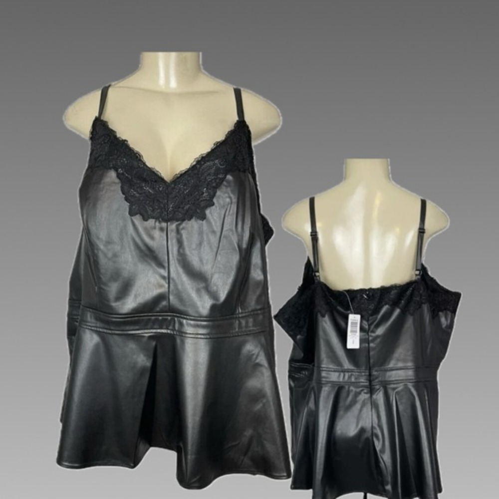 Torrid 5X Black Faux Leather Lined Floral Lace Trim Camisole Top Peplum Zip Back
